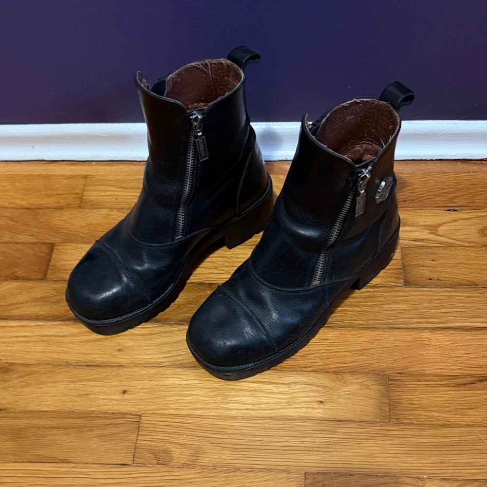 Harley-Davidson Black Leather Zip-Up Moto Ankle Boots